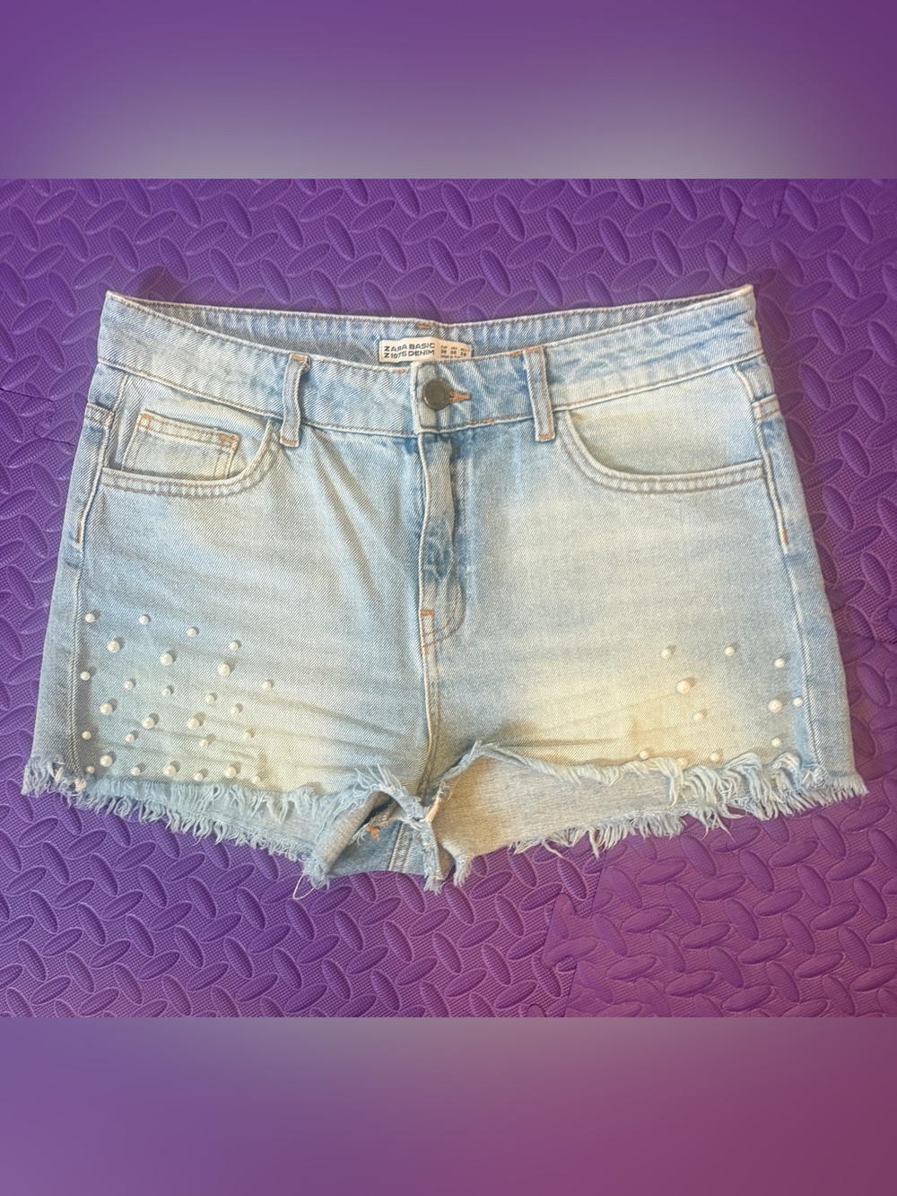 Zara Light Blue Denim Pearl-Embellished Frayed Hem Shorts